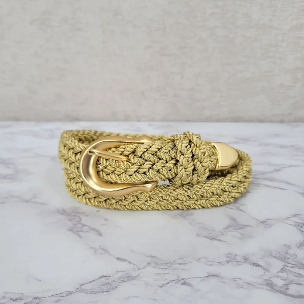 Vintage Metallic Gold Braided Rope Woven Belt with Metal Buckle